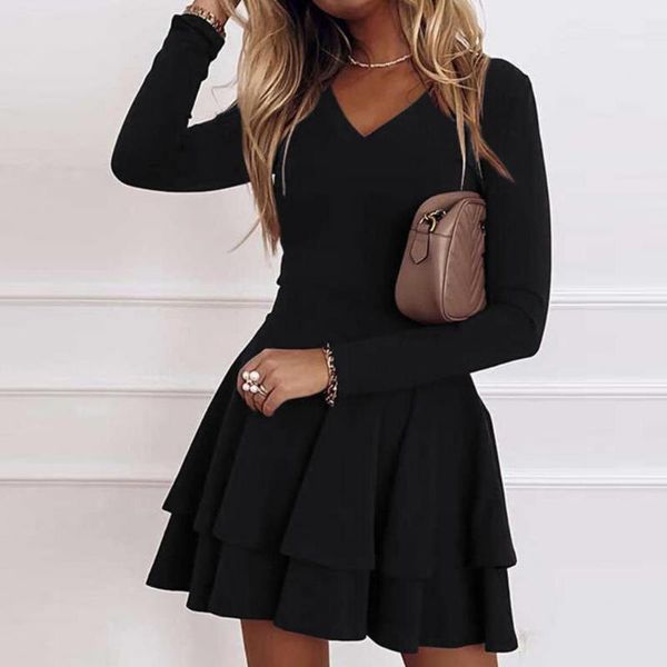 casual dresses 2021 women summer mini dress v neck waist tight solid color long sleeve ladies double ruffle a line, Black;gray
casual dresses 2021 women summer mini dress v neck waist tight solid color long sleeve ladies double ruffle a line, Black;gray