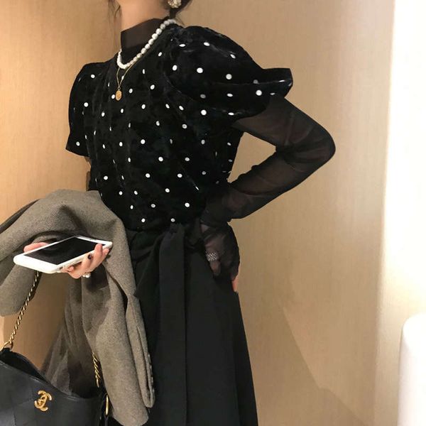 dresses wave point casual court style bubble velvet short sleeve + mesh bottoming shirt 2 pieces, Black;gray
dresses wave point casual court style bubble velvet short sleeve + mesh bottoming shirt 2 pieces, Black;gray