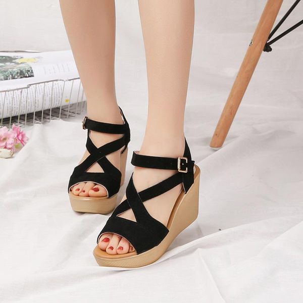 summer fashion roman open toe sandals women's slope heel suede high heels anti slip dress shoes, Black
summer fashion roman open toe sandals women's slope heel suede high heels anti slip dress shoes, Black