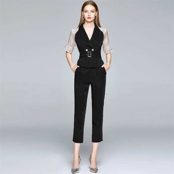 two piece set for women turn-down collar half sleeve double breasted + high waist black women's pants sets clothes 210520, White
two piece set for women turn-down collar half sleeve double breasted + high waist black women's pants sets clothes 210520, White