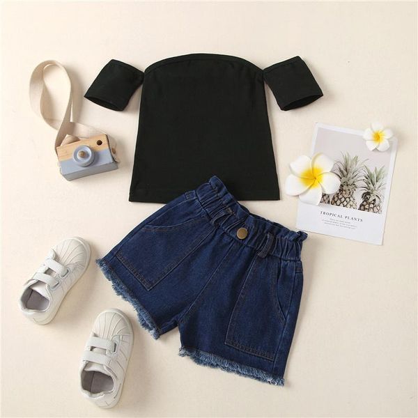 girl's casual suit clothes solid color off-the-shoulder short sleeve elastic t-shirt loose jeans shorts children clothing set sets, White
girl's casual suit clothes solid color off-the-shoulder short sleeve elastic t-shirt loose jeans shorts children clothing set sets, White