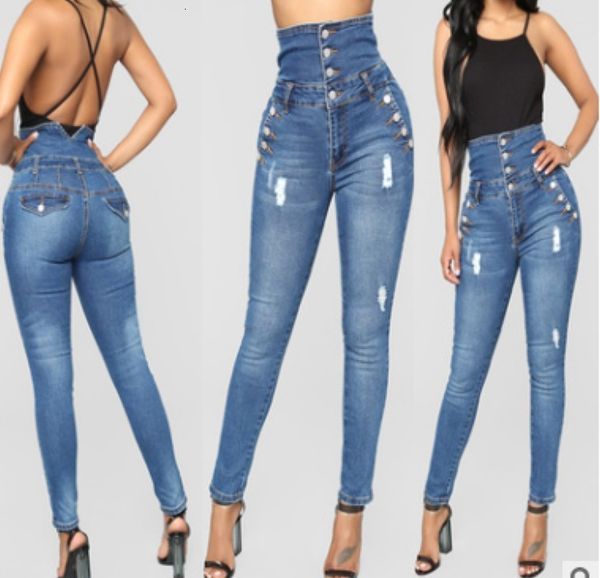 jeans large size high waist four row button elastic slim fit small foot pants female, Blue
jeans large size high waist four row button elastic slim fit small foot pants female, Blue