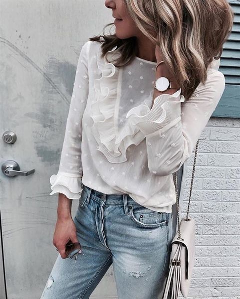 women's blouses & shirts women ladies casual lace polka dot o neck shirt long sleeve blouse womens clothing top, White
women's blouses & shirts women ladies casual lace polka dot o neck shirt long sleeve blouse womens clothing top, White