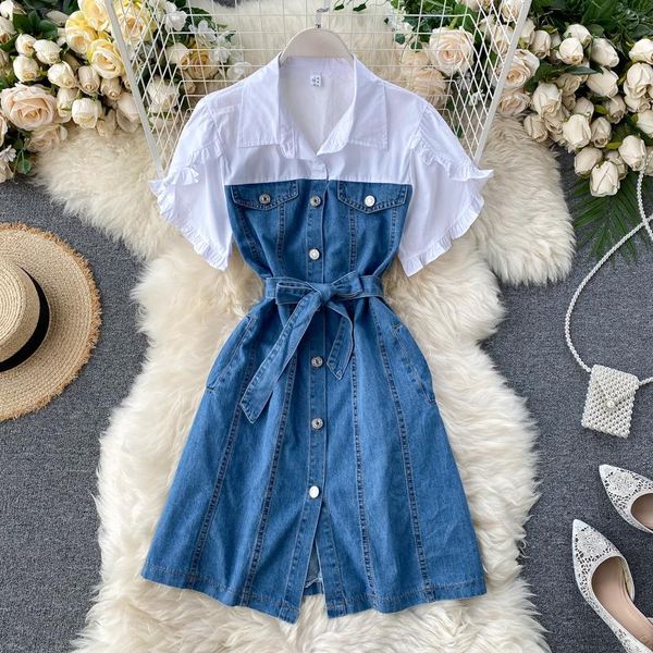 casual dresses women sweet short sleeve splicing vintage breasted denim dress lady vestidos clothing m186, Black;gray
casual dresses women sweet short sleeve splicing vintage breasted denim dress lady vestidos clothing m186, Black;gray