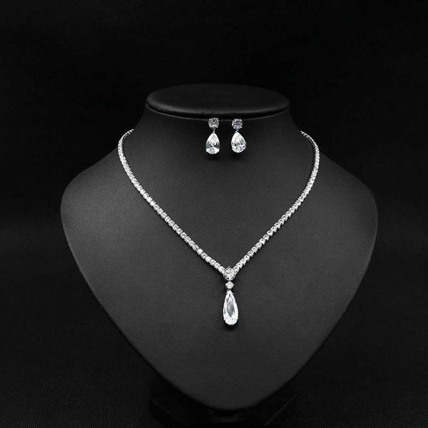 2021 fashion luxury aaa zircon water drop shape necklace earrings jewelry set for women party wedding dress accessories h1022, Silver