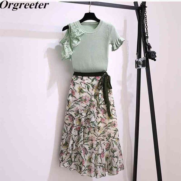 two piece set women cute cut out off shoulder knit sweater green/pink and ruffles floral chifffon skirts suits summer 210525, White
two piece set women cute cut out off shoulder knit sweater green/pink and ruffles floral chifffon skirts suits summer 210525, White