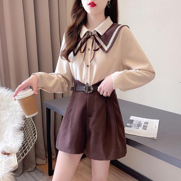 women's tracksuits preppy style shirt shorts female suits 2021 spring sailor collar shawl chiffon high waist wide-leg 2 piece set with, Gray
women's tracksuits preppy style shirt shorts female suits 2021 spring sailor collar shawl chiffon high waist wide-leg 2 piece set with, Gray
