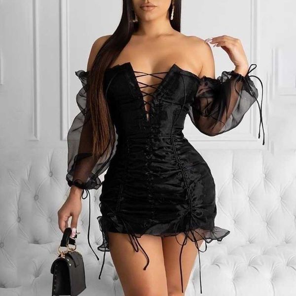 women elegant black mesh dress v-neck off shoulder lace-up drawstring design ruched party club dress 210716, Black;gray
women elegant black mesh dress v-neck off shoulder lace-up drawstring design ruched party club dress 210716, Black;gray