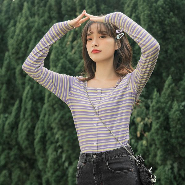 t shirts spring arrivals women's rainbow stripe t-shirt slim versatile square collar long sleeve 6mdw, White
t shirts spring arrivals women's rainbow stripe t-shirt slim versatile square collar long sleeve 6mdw, White