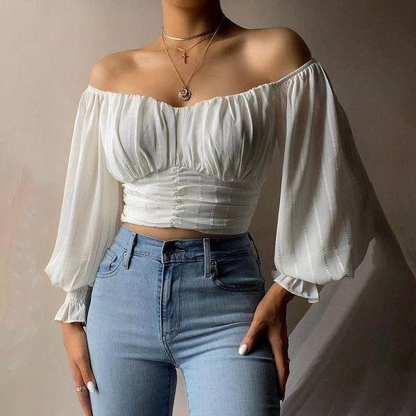women's blouses & shirts pure color off-shoulder trumpet long-sleeved casual cropped blouse, ladies elegant fashion summer female blous, White
women's blouses & shirts pure color off-shoulder trumpet long-sleeved casual cropped blouse, ladies elegant fashion summer female blous, White