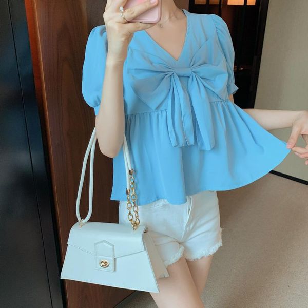 women's blouses & shirts shirt summer style puff sleeve cute v-neck bow loose solid color short blouse female, White
women's blouses & shirts shirt summer style puff sleeve cute v-neck bow loose solid color short blouse female, White