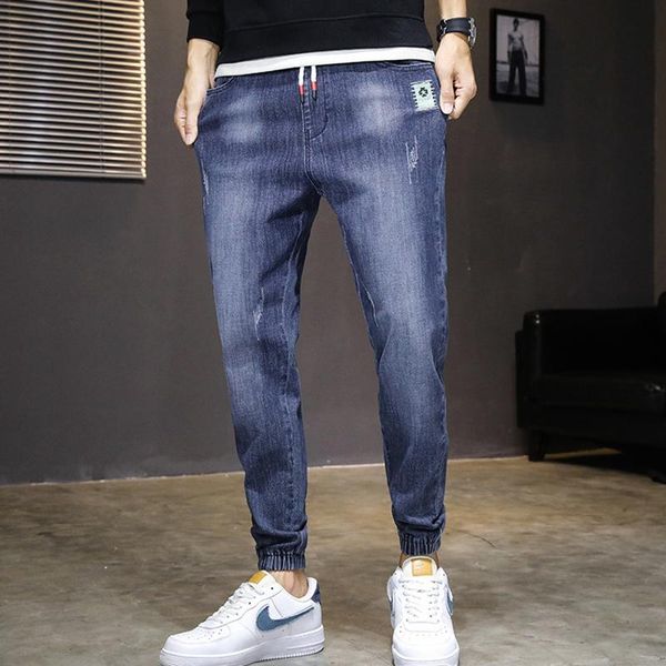 men's jeans high-end fashion brand loose straight elastic waist drawstring trend casual trousers with feet, Blue
men's jeans high-end fashion brand loose straight elastic waist drawstring trend casual trousers with feet, Blue