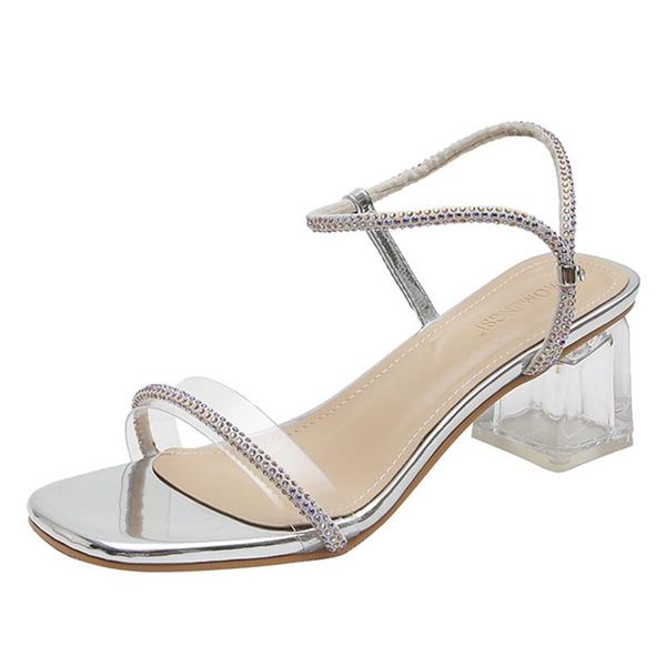 sandals wear a word with square toe women temperament crystal high heels summer 2021, Black