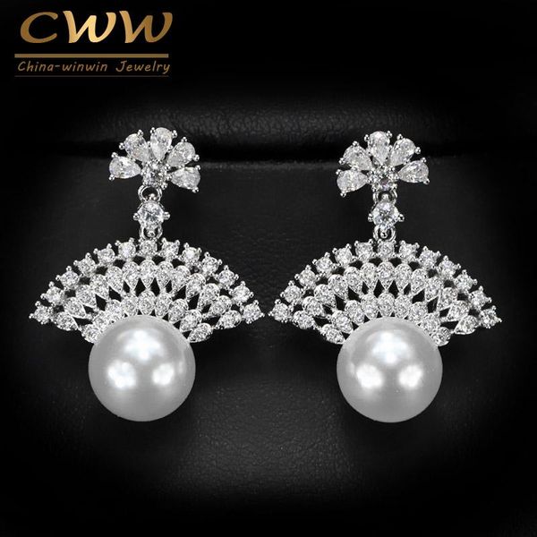 cwwzircons vintage design tiny cubic zirconia stones setting elegant fan shape dangle drop pearl earring for women cz052 & chandelier, Silver
cwwzircons vintage design tiny cubic zirconia stones setting elegant fan shape dangle drop pearl earring for women cz052 & chandelier, Silver