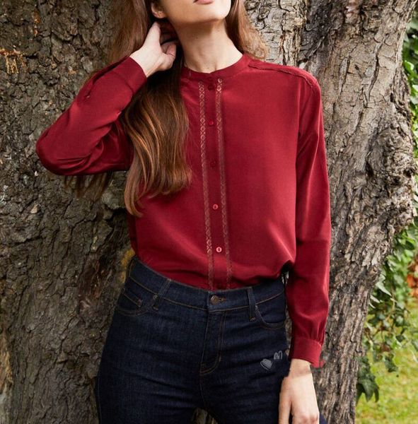 shirt lace patch 100% silk long sleeve pure colours women blouses 8chy, White