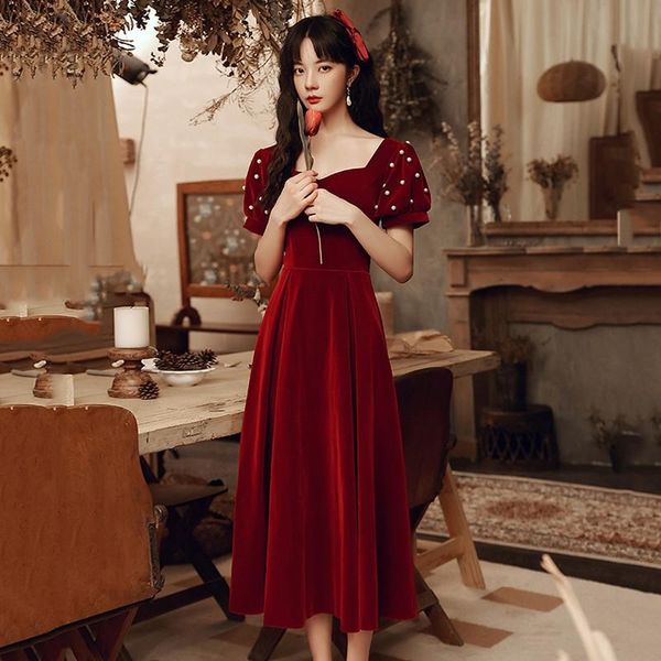 lady exquisite pearl trim bride wedding dresses burgundy temperament velour banquet gown elegant v-neck formal party dress ethnic clothing, Red
lady exquisite pearl trim bride wedding dresses burgundy temperament velour banquet gown elegant v-neck formal party dress ethnic clothing, Red