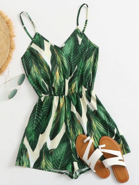 tropical print slip romper p09q#, White 
tropical print slip romper p09q#, White