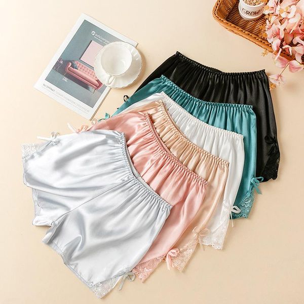 women's shorts 2021 summer solid color satin imitation silk women elastic waist ribbon bowknot lace base female homewear pant, White;black
women's shorts 2021 summer solid color satin imitation silk women elastic waist ribbon bowknot lace base female homewear pant, White;black