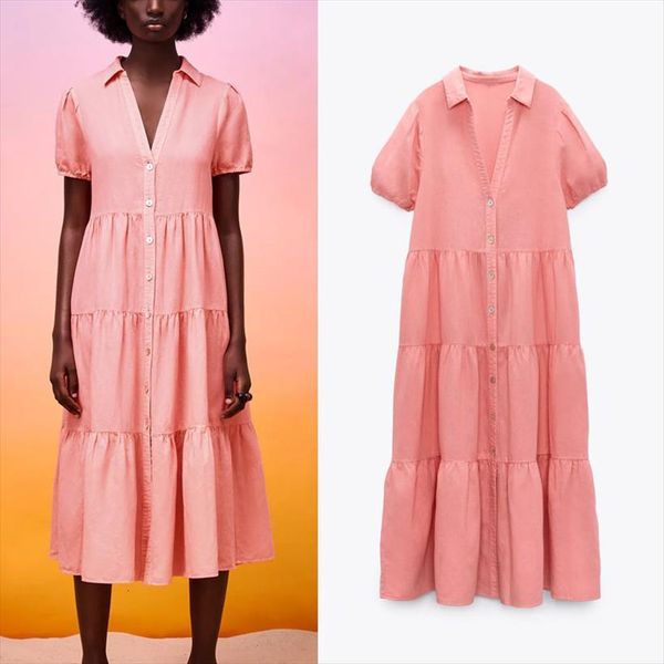 za summer pink tiered women dress midi vintage lapel short puff sleeve dresses casual button up flounced office lady, Black;gray
za summer pink tiered women dress midi vintage lapel short puff sleeve dresses casual button up flounced office lady, Black;gray