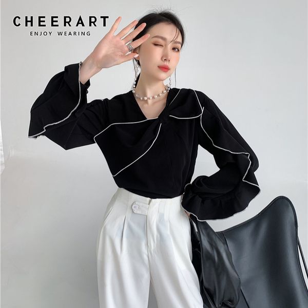 designer black ruffle bow korean blouse women long sleeve ladies spring contrast stitch loose fashion 210427, White
designer black ruffle bow korean blouse women long sleeve ladies spring contrast stitch loose fashion 210427, White