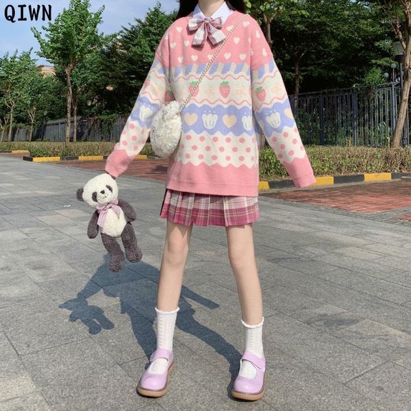 women's sweaters one piece sweater women japanese kawaii knitted pullover 2021 autumn winter cute strawberry printing pullovers, White;black
women's sweaters one piece sweater women japanese kawaii knitted pullover 2021 autumn winter cute strawberry printing pullovers, White;black