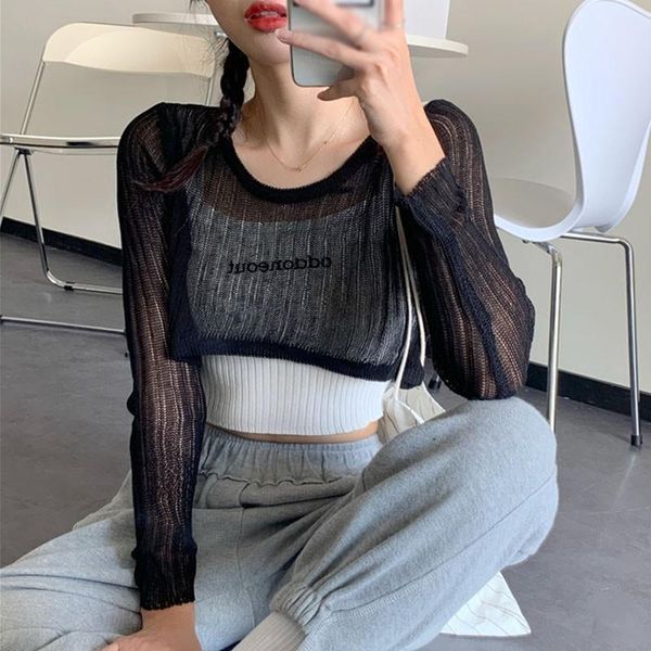 women's t-shirt scheming hollow thin section see-through long-sleeved sunscreen women's navel knit top, White
women's t-shirt scheming hollow thin section see-through long-sleeved sunscreen women's navel knit top, White