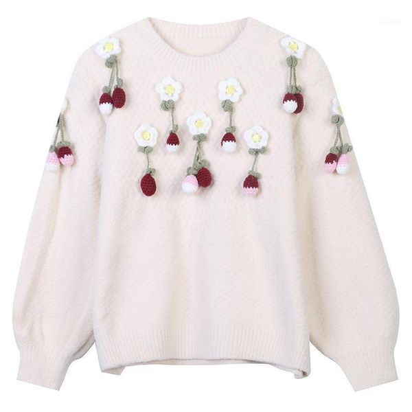 korean version of the winter women's pullover long sleeve round neck flower embroidery thick loose apricot knit sweaters, White;black
korean version of the winter women's pullover long sleeve round neck flower embroidery thick loose apricot knit sweaters, White;black