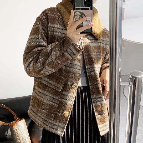 women's wool & blends short plaid clip cotton coat autumn/winter 2021 retro fur collar thickened, Black
women's wool & blends short plaid clip cotton coat autumn/winter 2021 retro fur collar thickened, Black