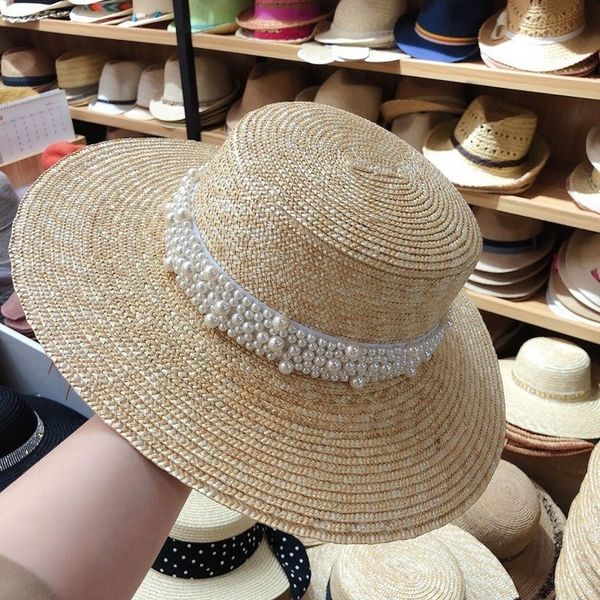 new handmade pearl straw hat wild big brim hat female summer seaside vacation beach, Blue;gray