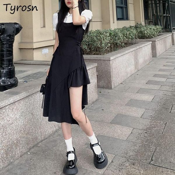 casual dresses women patchwork short puff sleeve fake two piece turn-down collar knee-length empire waist goth irregular design ruffles, Black;gray
casual dresses women patchwork short puff sleeve fake two piece turn-down collar knee-length empire waist goth irregular design ruffles, Black;gray