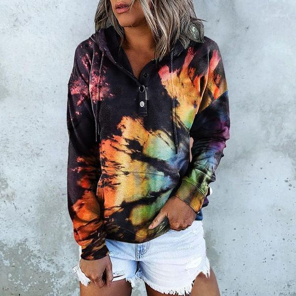 women's hoodies & sweatshirts halloween women tie-dye rainbow print long sleeve pullovers buttons aesthetic oversized hooded hoodies, Black 
women's hoodies & sweatshirts halloween women tie-dye rainbow print long sleeve pullovers buttons aesthetic oversized hooded hoodies, Black