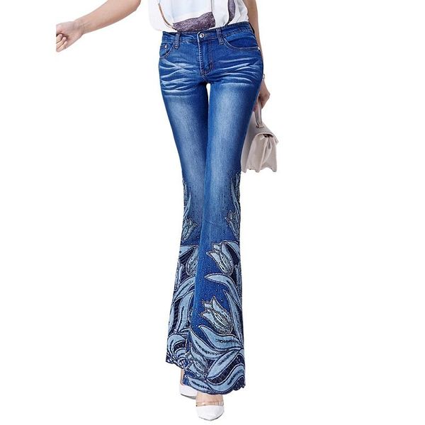 women's jeans acrmrac woman embroidery beads micro folk-custom lace edge high waist elasticity slim flare pants women, Blue
women's jeans acrmrac woman embroidery beads micro folk-custom lace edge high waist elasticity slim flare pants women, Blue