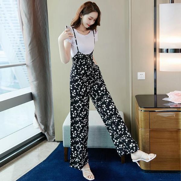 women two pieces set fashion summer short sleeve t-shirt + chiffon floral print spaghetti strap pants suits outfits q90 women's piece, White
women two pieces set fashion summer short sleeve t-shirt + chiffon floral print spaghetti strap pants suits outfits q90 women's piece, White