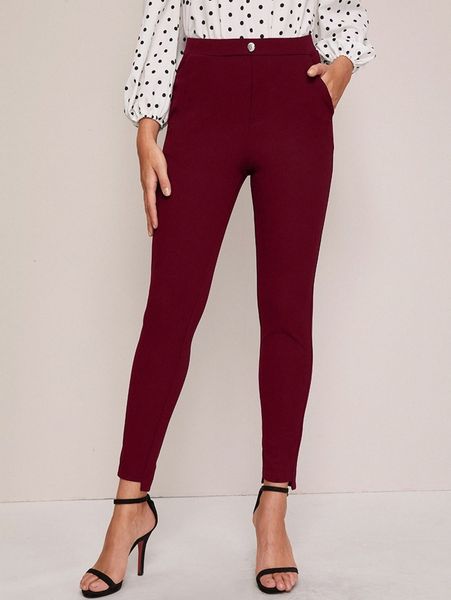 elastic waist slant pocket solid pants f2y3#, Black;white