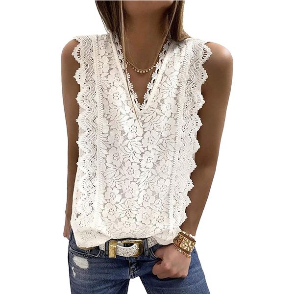 women cute tanks v neck camis short flounce sleeve lace blouses solid color loose fit sleeveless shirts, White
women cute tanks v neck camis short flounce sleeve lace blouses solid color loose fit sleeveless shirts, White