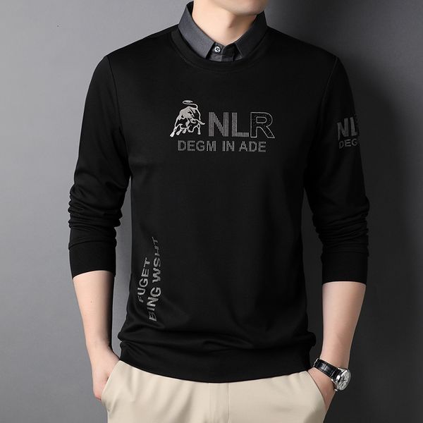men's long sleeve t-shirt autumn middle-aged lapel casual pullover fake two-piece t-shirt men's wear, Black