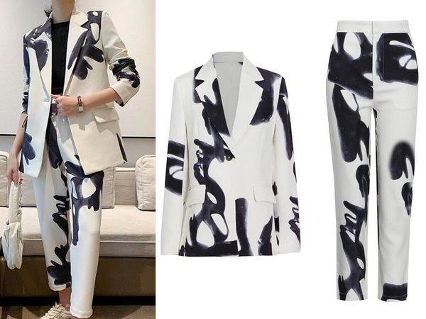 europe and the united states ink print suit one button blazer + high waist straight trousers, White;black
europe and the united states ink print suit one button blazer + high waist straight trousers, White;black