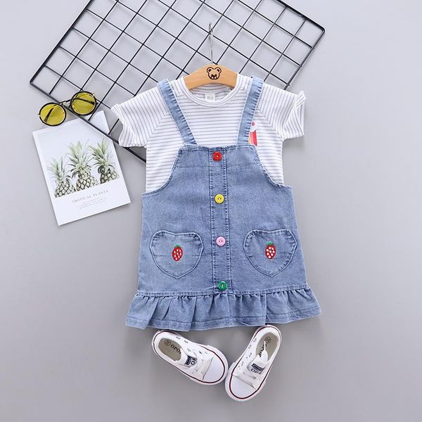 to 5 years 2pcs / set girls summer dress cute suspenders denim strawberry short skirt sleeve stripe kids clothing sets, White
to 5 years 2pcs / set girls summer dress cute suspenders denim strawberry short skirt sleeve stripe kids clothing sets, White