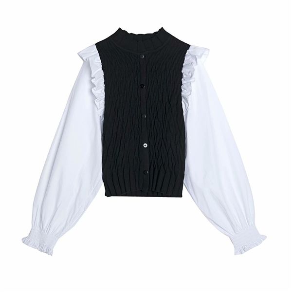 elegant women knitted patchwork shirts fashion ladies stand collar cotton streetwear female chic ruffles blouses 210430, White
elegant women knitted patchwork shirts fashion ladies stand collar cotton streetwear female chic ruffles blouses 210430, White