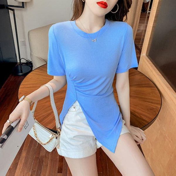 women's t-shirt summer korean clothes cotton fashion solid elastic split asymmetrical drape women bottoming shirt tees, White
women's t-shirt summer korean clothes cotton fashion solid elastic split asymmetrical drape women bottoming shirt tees, White
