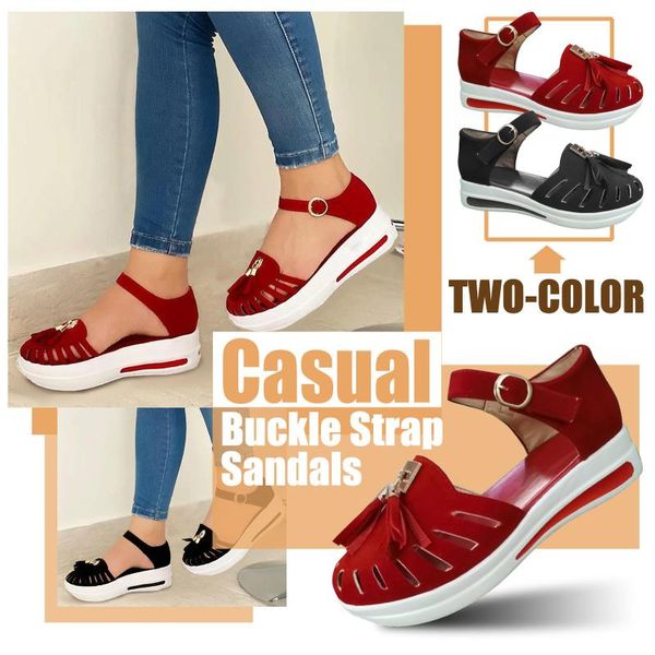 women's shoes fashion wedge fringe buckle strap sandals ladies cusual solid ladiescomfortable flat beach footwear, Black
women's shoes fashion wedge fringe buckle strap sandals ladies cusual solid ladiescomfortable flat beach footwear, Black