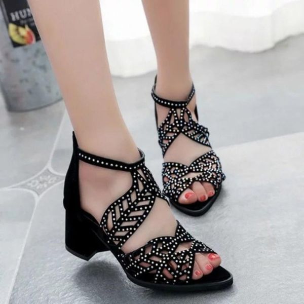 women's hollow out rhinestones fish mouth sandals ladies back zipper thick heel peep toe shoes, Black
women's hollow out rhinestones fish mouth sandals ladies back zipper thick heel peep toe shoes, Black