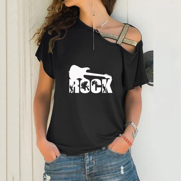 women's t-shirt rock guitar playing cartoon letter loose irregular women skew neck cross bandage for female music lover gift, White
women's t-shirt rock guitar playing cartoon letter loose irregular women skew neck cross bandage for female music lover gift, White