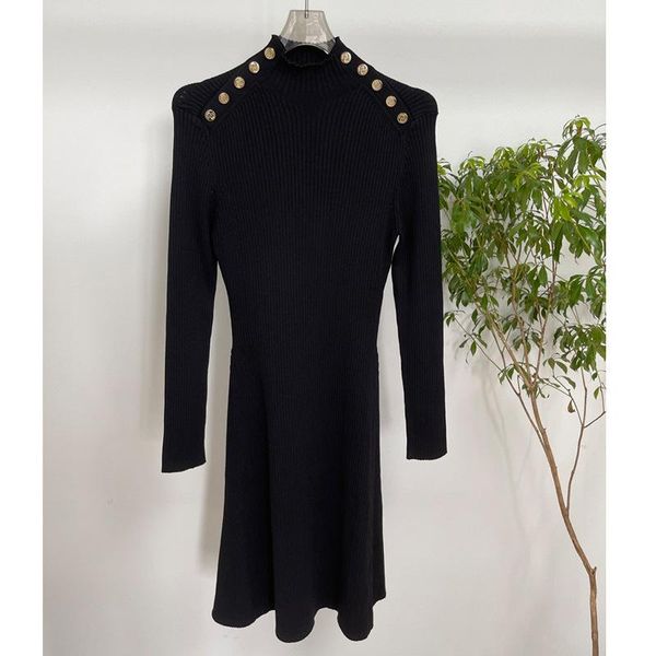 casual dresses early autumn women's round neck metal buckle black stretch knitted dress, Black;gray