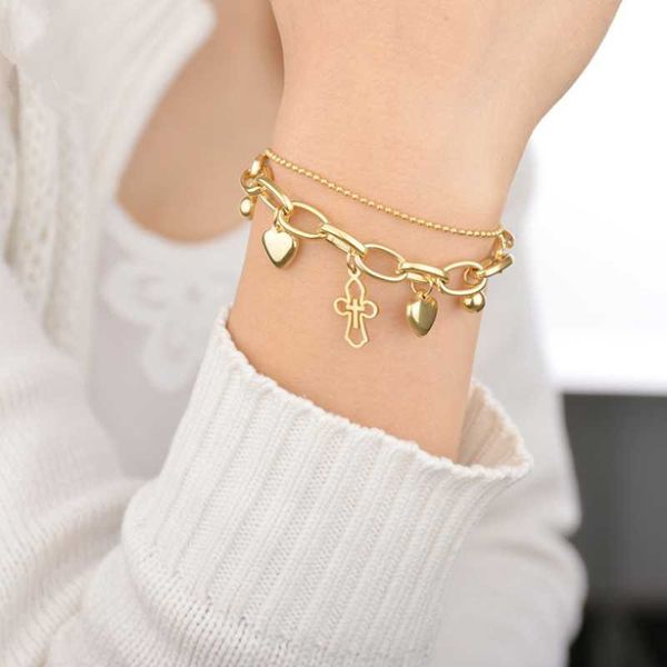 link, chain 316l stainless steel 2 layer love heart cross shape beaded charm thick bracelets for women fashion trend fine jewelry gift, Black
link, chain 316l stainless steel 2 layer love heart cross shape beaded charm thick bracelets for women fashion trend fine jewelry gift, Black