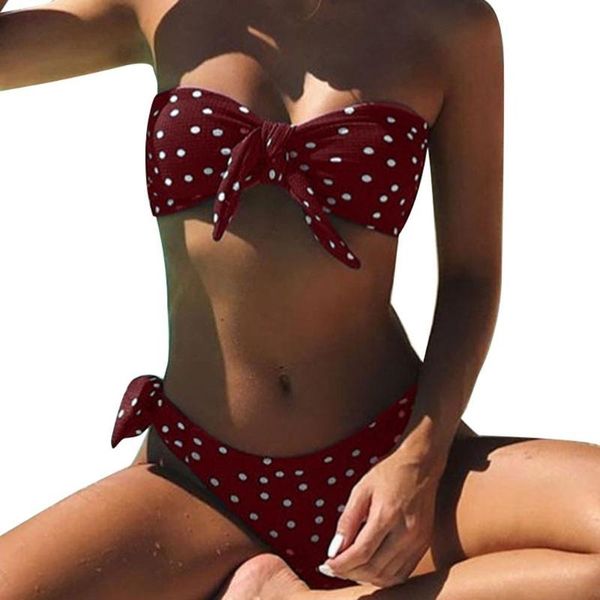 women's swimwear 2pcs women dot print bowtie strapless bra briefs bikini set beach swimsuit, White;black
women's swimwear 2pcs women dot print bowtie strapless bra briefs bikini set beach swimsuit, White;black
