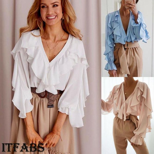 women long bell sleeve deep v lace up casual tunics chiffon blouse tee women's blouses & shirts, White
women long bell sleeve deep v lace up casual tunics chiffon blouse tee women's blouses & shirts, White