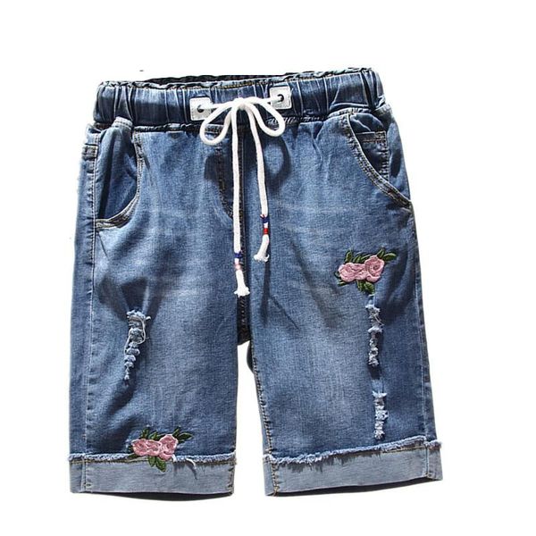women's shorts large size womens summer denim elastic waist hole high plus embroidery ripped loose jeans for female, White;black
women's shorts large size womens summer denim elastic waist hole high plus embroidery ripped loose jeans for female, White;black