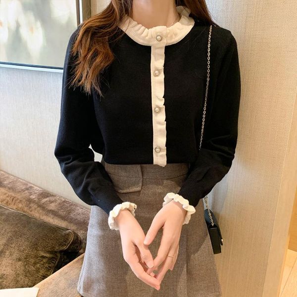 women's sweaters ear edge age reducing sweater 2021 autumn winter thickened inner layer versatile thin knitted top, White;black
women's sweaters ear edge age reducing sweater 2021 autumn winter thickened inner layer versatile thin knitted top, White;black