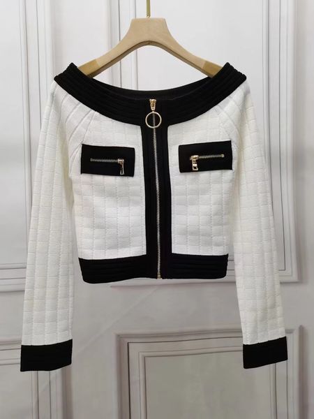 high waist sweater off shoulder short fashion zipper, Black